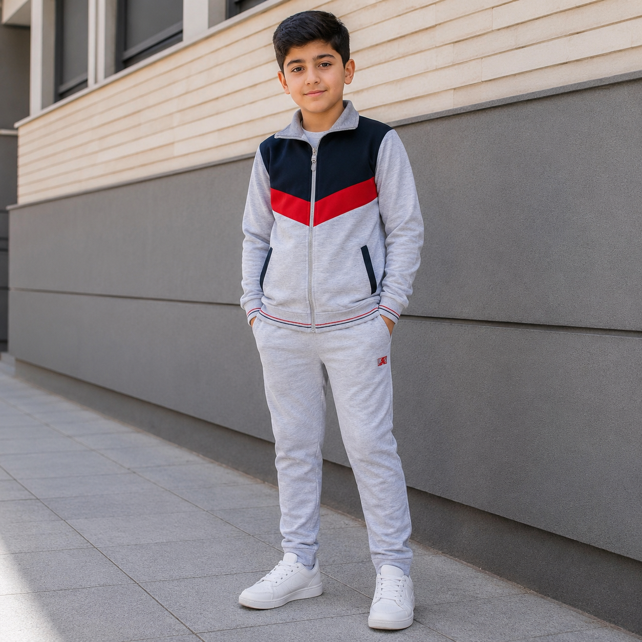 ست کاپشن و شلوار ورزشی  طوسی و سورمه و قرمز